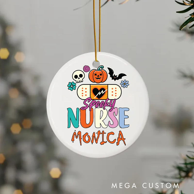 Personalized Nurse Halloween Ornament Spooky Nurse Bandage and Pumpkin Design Ornament 