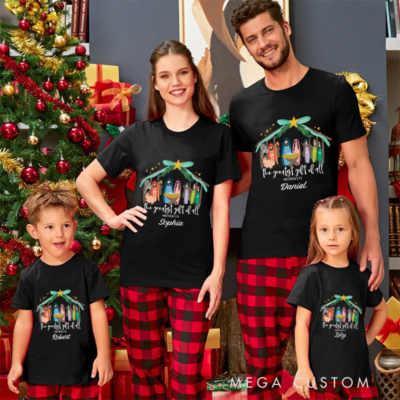 Personalized the Greatest Gift of All Bible Verse Family Matching Christmas T-Shirt with Name Nativity Scene T-Shirt Christian Christmas Gift
