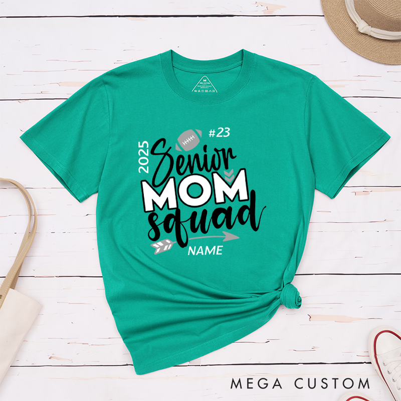 Personalized Senior Mom Squad T-Shirts for American Football and Rugby, Featuring Your Custom Design