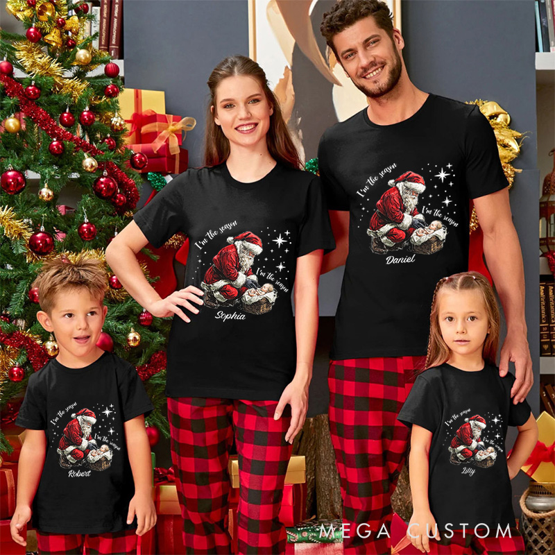 Personalized I am the Season I am the Reason Santa Claus and baby Jesus Family Matching Christmas T-Shirt with Name Christian Christmas Gift