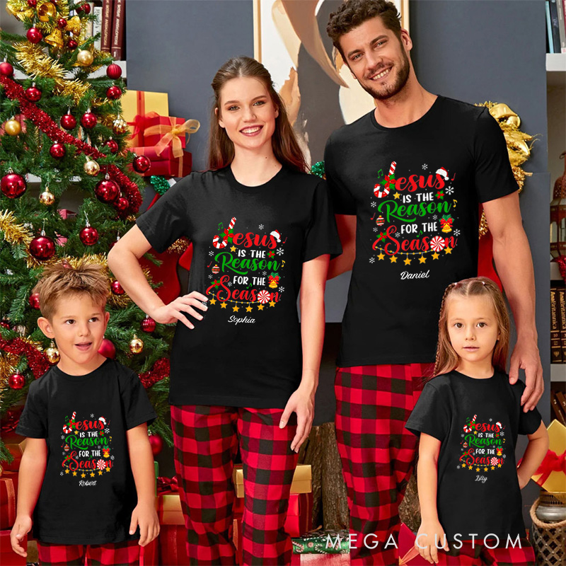 Personalized Jesus is the Reason for the Season Family Matching Cotton T-Shirts with Name Christian Gift Christmas Gift for Family