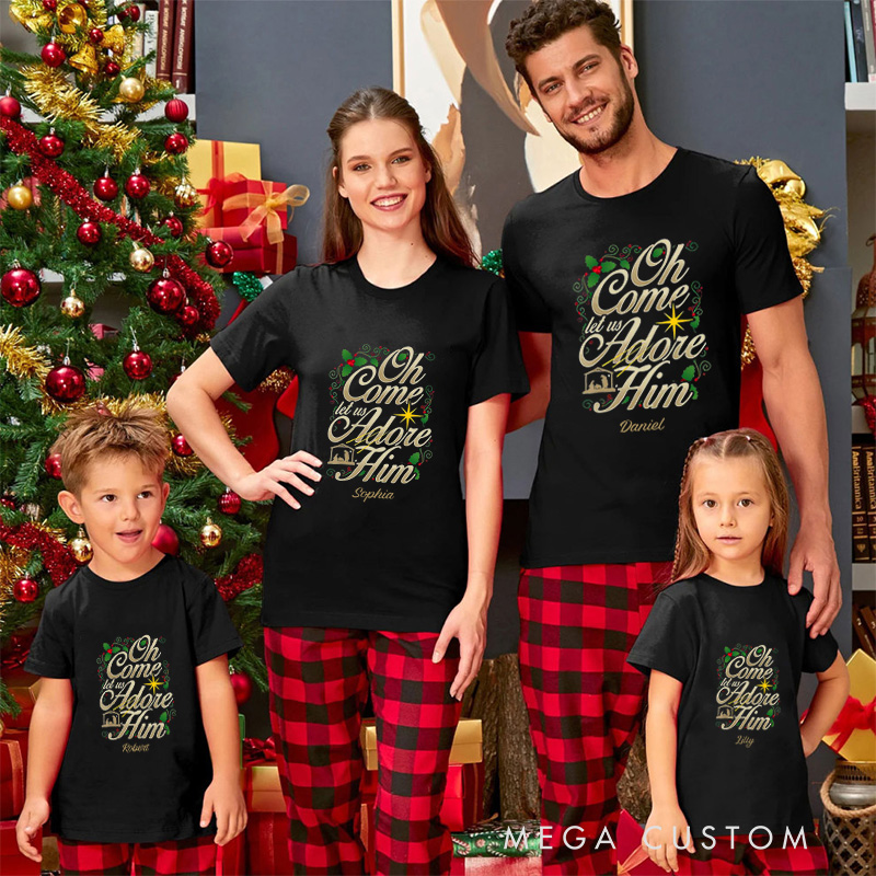 Personalized oh Come Let us Adore him Nativity Family Matching Cotton T-Shirts with Name Religious Gift Christmas Gift for Family