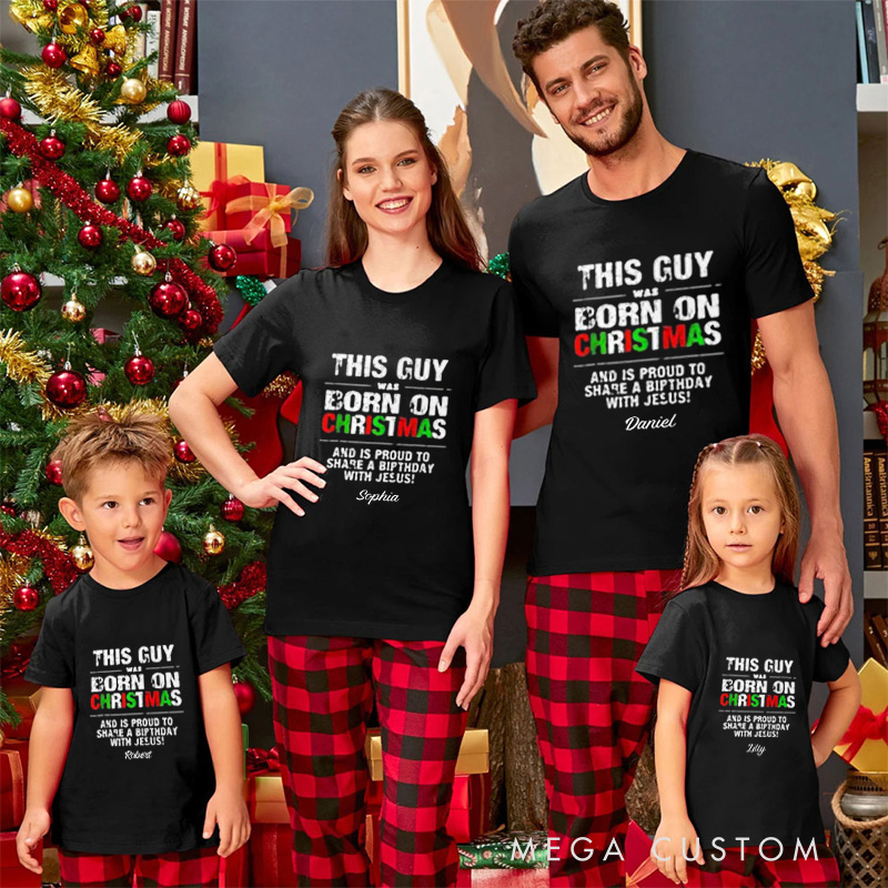 Personalized Born on Christmas Family Matching Cotton T-Shirts with Name Religious Gift Christmas Gift for Family
