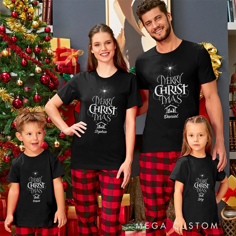Personalized Merry Christmas Nativity Scene Family Matching Cotton T-Shirts with Name Christian Gift Christmas Gift