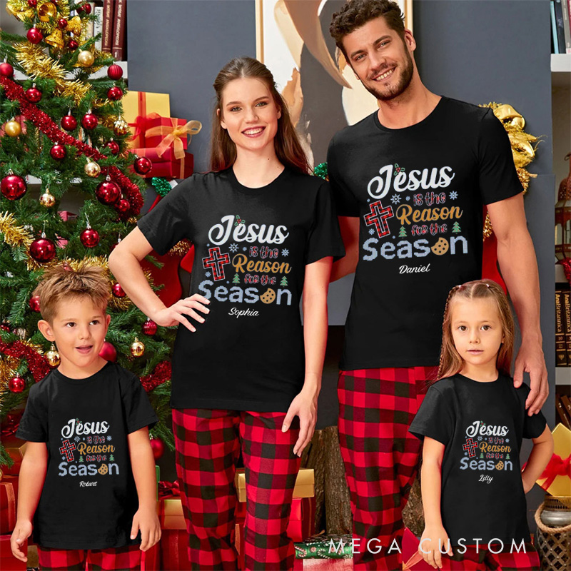 Personalized Cross Jesus is the Reason for the Season Family Matching Cotton T-Shirts with Name Religious Gift Christmas Gift