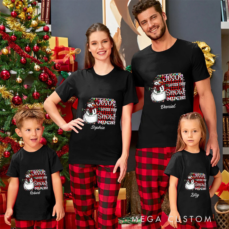 Personalized Jesus Loves You Snow Much Christmas Family Matching Crew Neck T-Shirts with Name Religious Gift for Family