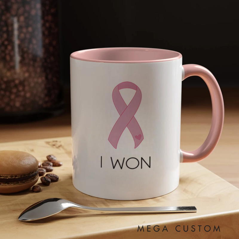 Personalized I Won Pink Ribbon Design Celebrating Strength and Cancer Survival Mugs