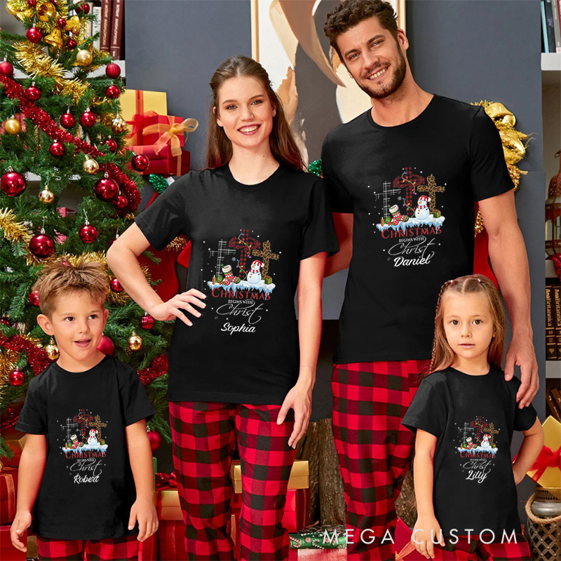 Personalized Christmas Begins With Christ Snowman Love Jesus Christmas Family Matching Crew Neck T-Shirts with Name Christmas Gift Religious Gift