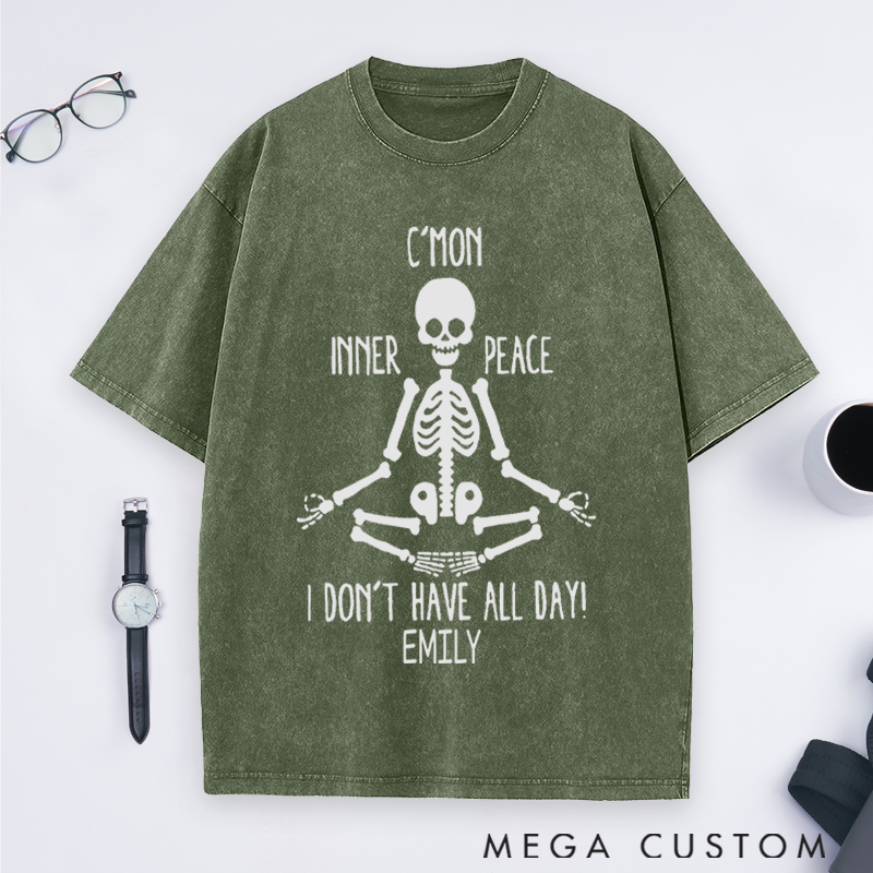 Personalized Skeleton Meditation Washed T-Shirt with Funny Inner Peace Design Perfect Gift for Yoga Lover and Daily Wear