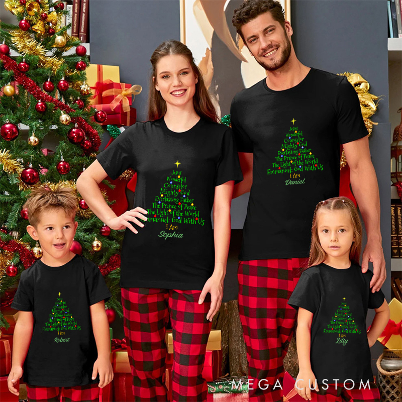 Personalized Bible Names of Jesus Tree Shap Christmas Family Matching Crew Neck T-Shirts with Name Christmas Gift Religious Gift