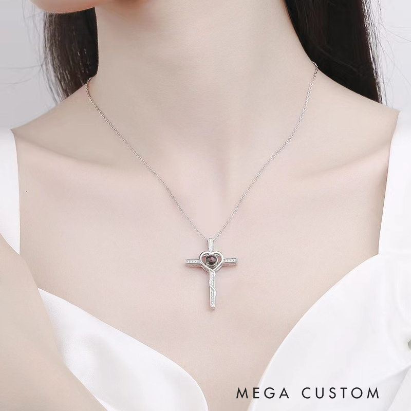Personalized Cross Photo Projection Necklace with Picture Inside Custom Memorial Photo Pendant Sympathy Gift