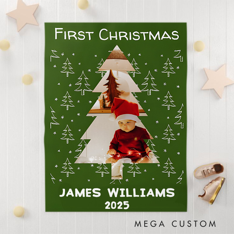 Personalized Photo Name Baby's First Christmas Green Baby Blanket