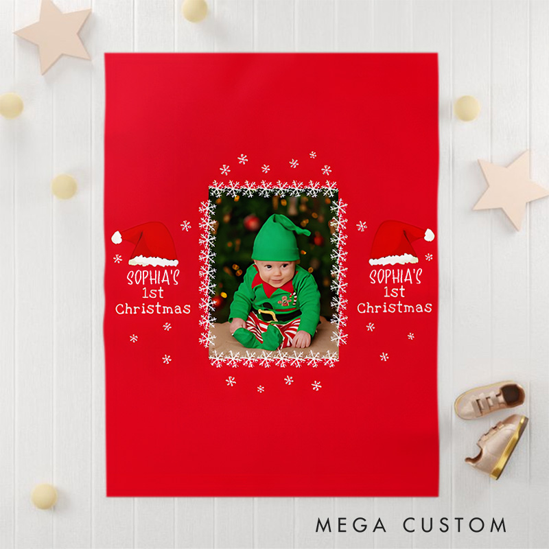 Personalized  Baby's First Christmas Santa Hat Snowflake Photo Baby Blanket
