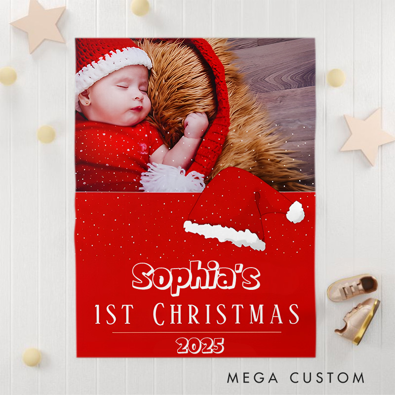 Personalized Baby's First Christmas Santa Hat Snowflakes Photo Baby Blanket