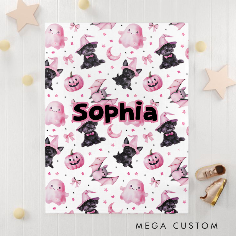Personalized Adorable Baby Blanket Featuring Playful Witch Cats and Ghosts for Baby's First Halloween