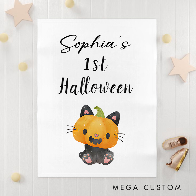 Personalized Baby Blanket for Baby's First Halloween with a Cute Pumpkin Cat for a Spooky Adventure