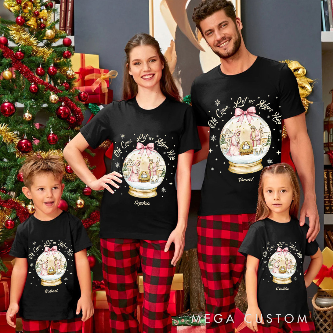 Personalized Oh Come Let Us Adore Him Family Matching Christmas T-Shirt with Name Nativity Scene Tee Jesus Christmas Shirt Christian Christmas Gift