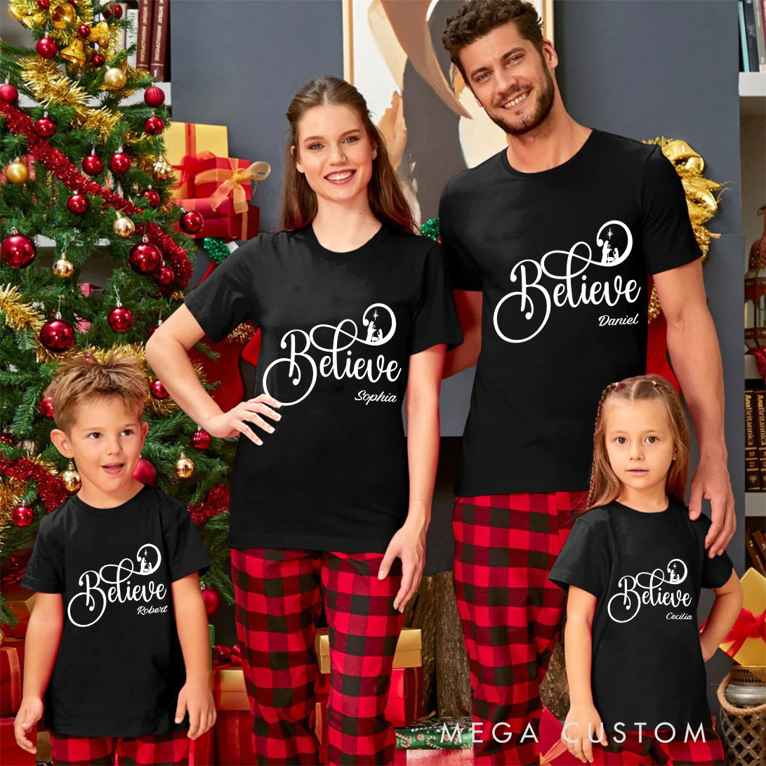 Personalized Believe Jesus Nativity Scene Family Matching Christmas T-Shirt with Name Christian Christmas Shirt Religious Xmas Gift