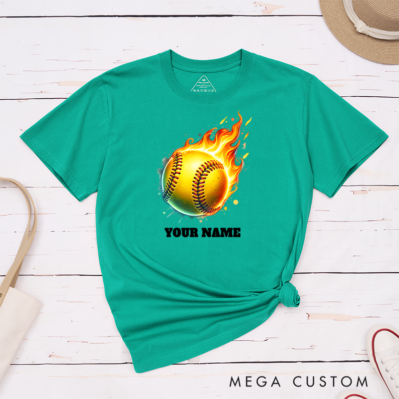 Personalized Fiery Softball T-Shirt Design Customizable Name Featuring a Dynamic Flaming Softball Graphic Perfect for Teams and Players