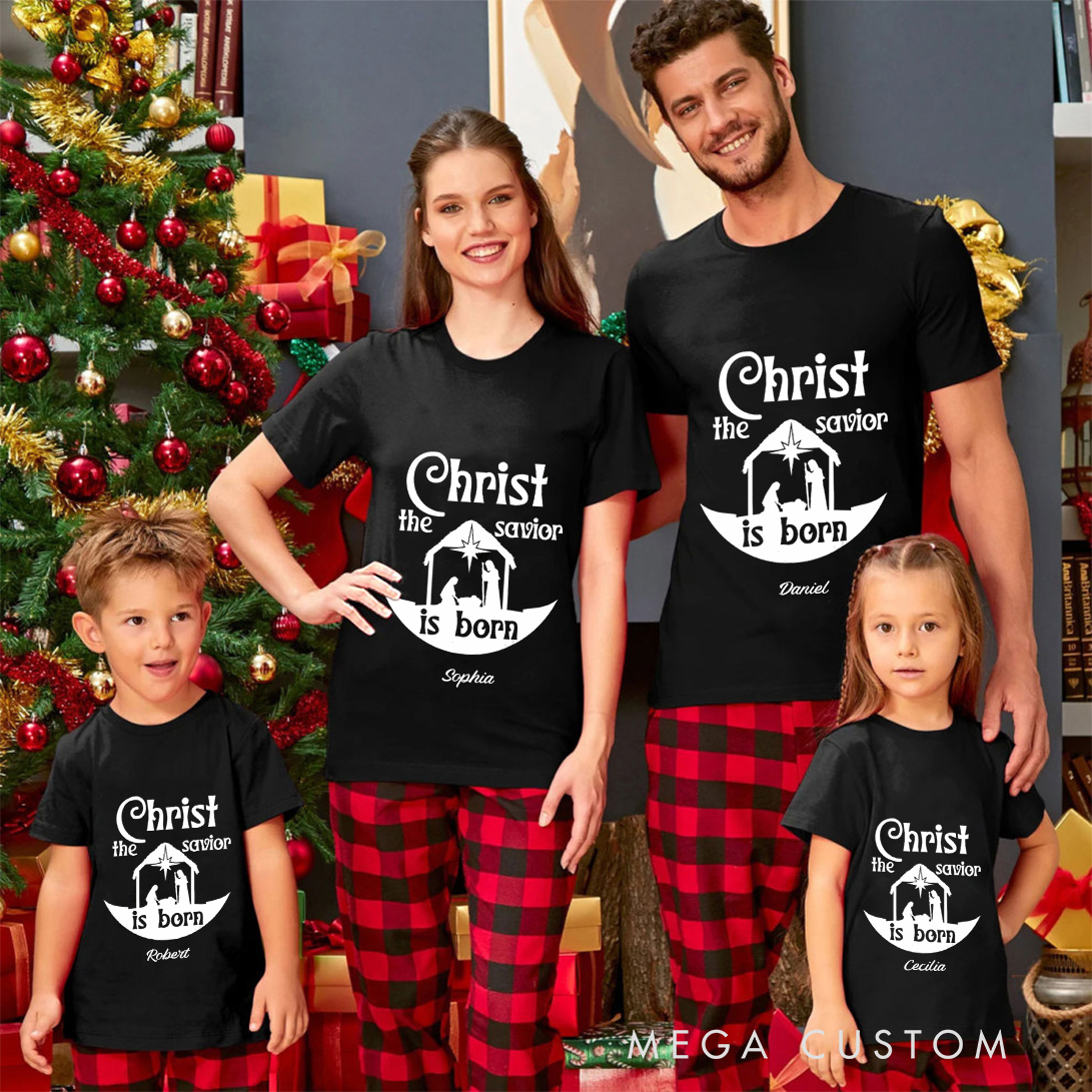 Personalized The Savior is Born Jesus Nativity Christmas Family Matching Crew Neck T-Shirts with Name Religious Gift for Family