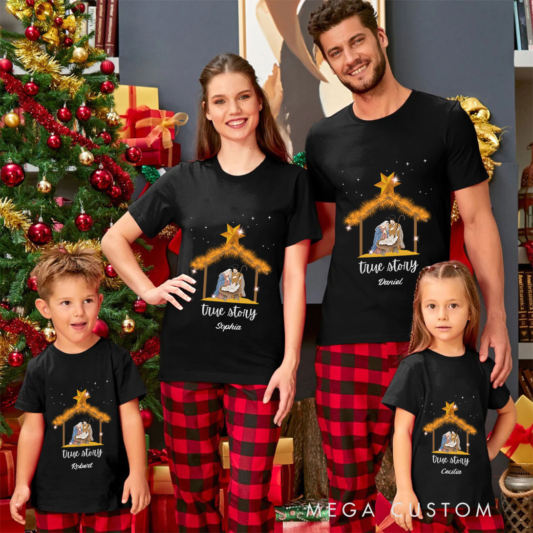 Personalized True Story Jesus Nativity Christmas Family Matching Crew Neck T-Shirts with Name Religious Gift for Family