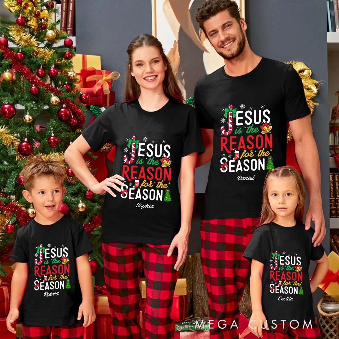 Personalized Christmas Jesus is the Reason Family Matching Crew Neck T-Shirts with Name Christmas Gift Religious Gift for Christians 