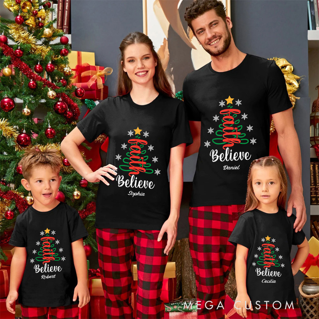 Personalized Christmas Tree Believe Family Matching Crew Neck T-Shirts with Name Religious Gift for Family