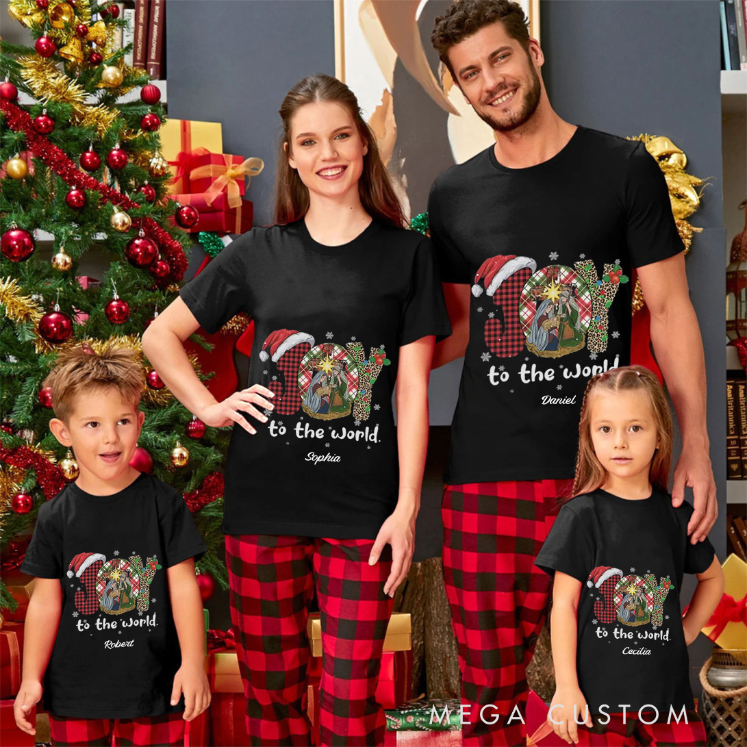 Personalized Joy to the World Buffalo Plaid Leopard Family Matching Cotton T-Shirts with Name Religious Gift Christmas Gift for Family