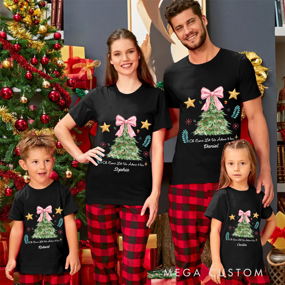 Personalized Oh Come Let Us Adore Him Family Matching Christmas T-Shirt with Name Christmas Tree Shirt Christian Christmas Gift