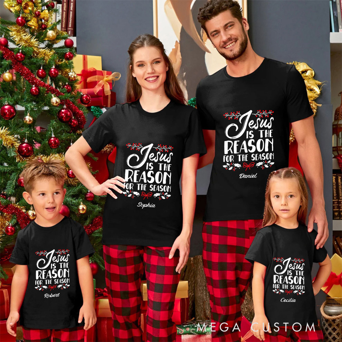 Personalized Christmas Jesus is the Reason for the Season Family Matching Crew Neck T-Shirts with Name Religious Gift for Family