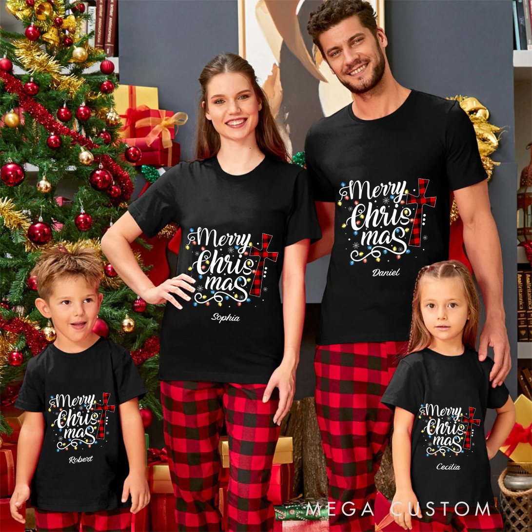 Personalized God Buffalo Red Plaid Christmas Family Matching Crew Neck T-Shirts with Name Religious Gift for Family