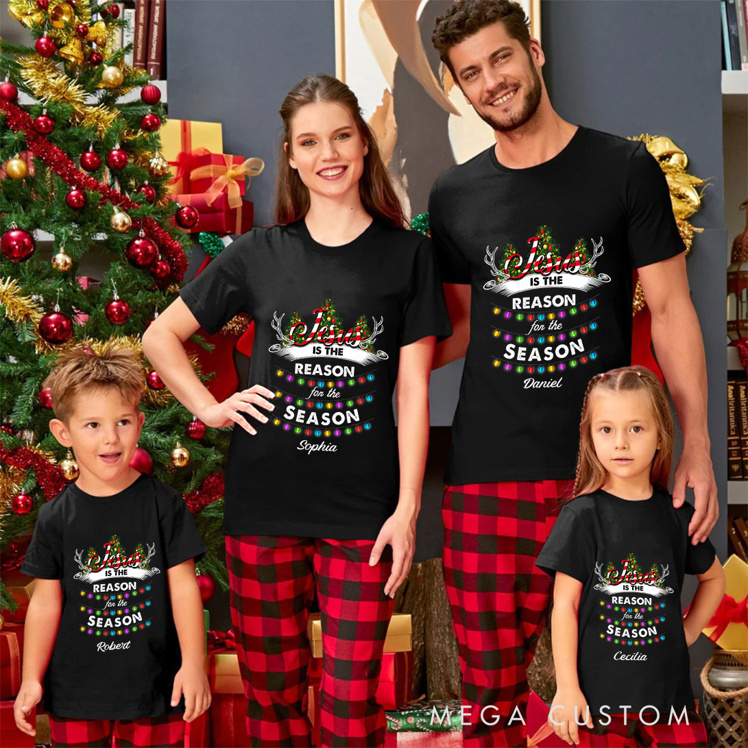 Personalized God Jesus The Reason Season Christmas Stocking Family Matching Crew Neck T-Shirts with Name Religious Gift for Family