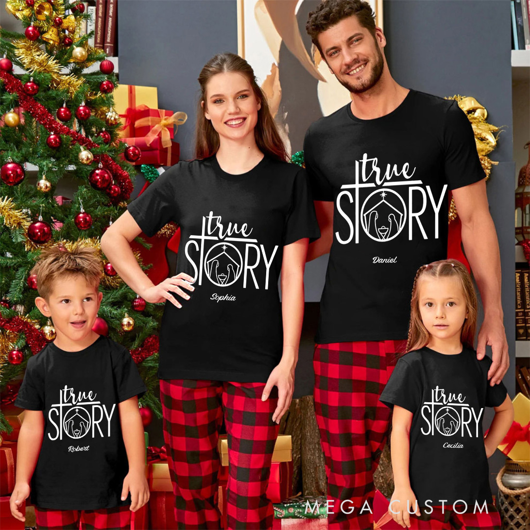 Personalized Cross True Story Nativity Scene Family Matching Cotton T-Shirts with Name Religious Gift Christmas Gift for Family