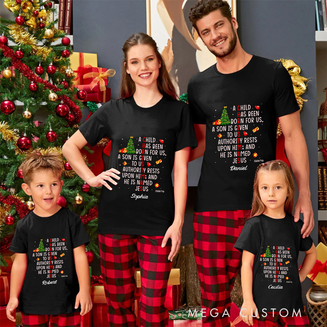 Personalized Jesus Mighty God Isaiah 9:6 Christmas Family Matching Crew Neck T-Shirts with Name Religious Gift for Family