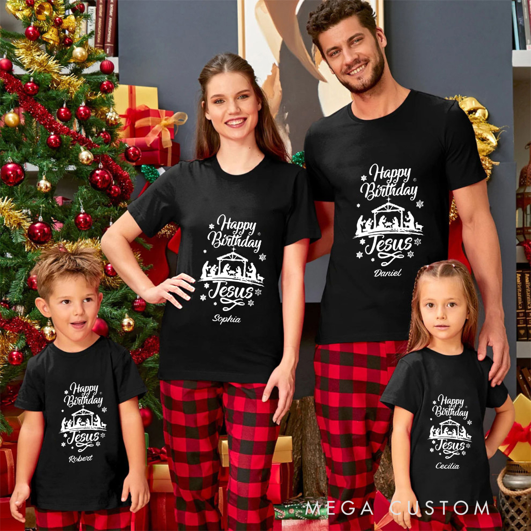 Personalized Christmas Nativity Scene Christmas Family Matching Crew Neck T-Shirts with Name Religious Gift for Family
