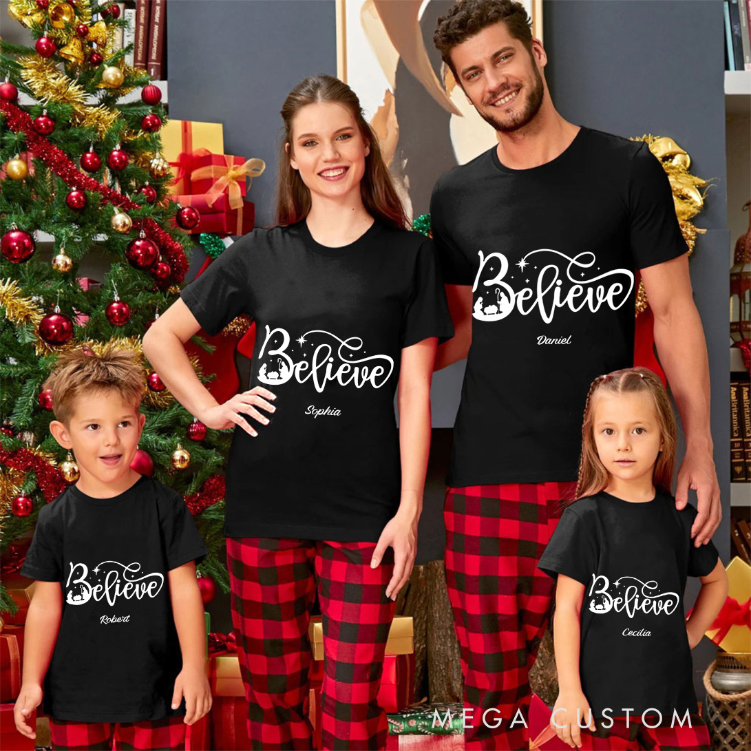 Personalized Believe Nativity Scene Family Matching Cotton T-Shirts with Name Religious Gift Christmas Gift for Family