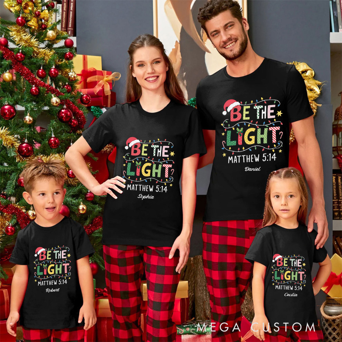 Personalized be the Light Matthew 5:14 Family Matching Cotton T-Shirts with Name Religious Gift Christmas Gift for Family