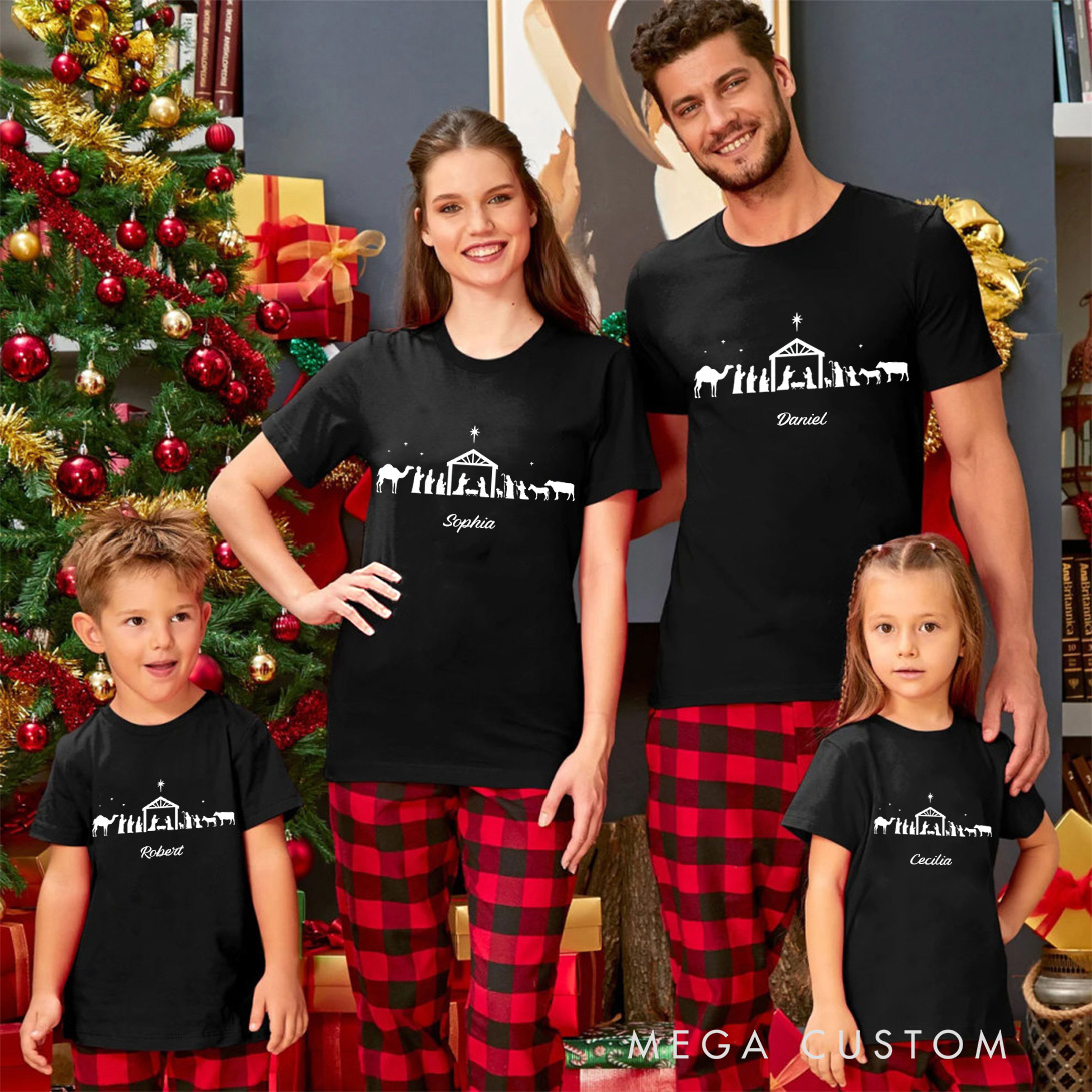 Personalized Jesus Nativity Family Matching Cotton T-Shirts with Name Religious Gift Christmas Gift for Family Christian Gift