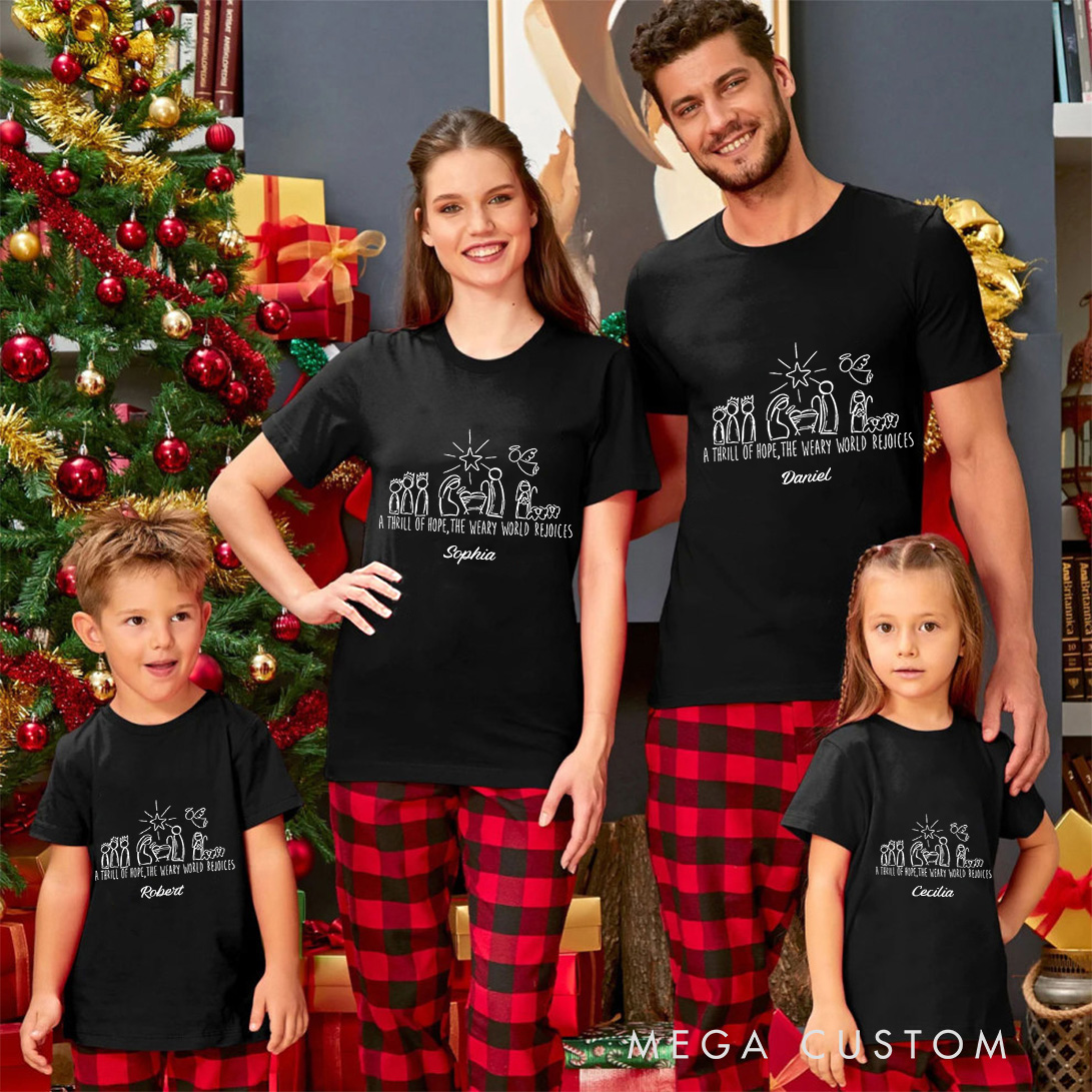 Personalized a Thrill of Hope the Weary World Rejoices Family Matching Cotton T-Shirts with Name Religious Gift Christmas Gift for Family