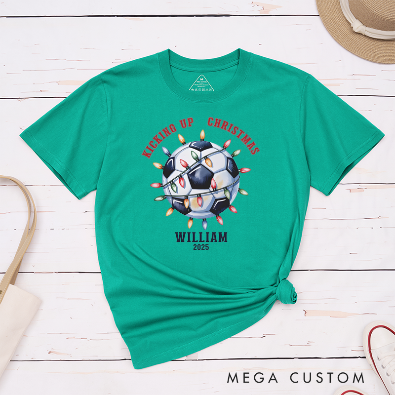 Personalized Christmas Soccer T-Shirt with Custom Name, Year, and Festive Holiday Lights Design
