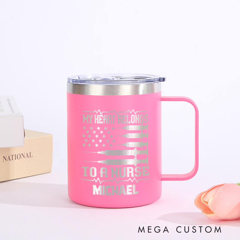 Personalized Laser Engraved Coffee Mug Custom My Heart Belongs to a Nurse Design Coffee Mugs Insulated Stainless Steel Mugs
