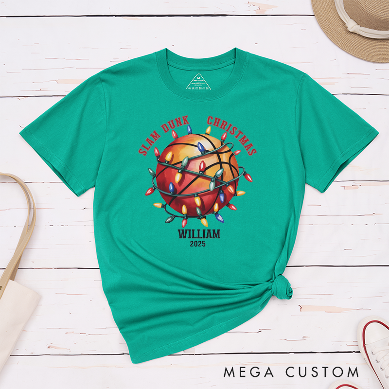 Personalized Christmas Basketball T-Shirt with Custom Name, Year, and Festive Holiday Lights Design