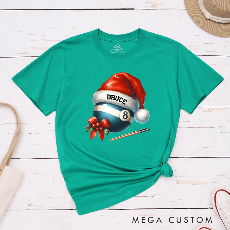 Personalized Christmas Billiards T-Shirt with Custom Name, Santa Hat, and Festive Design