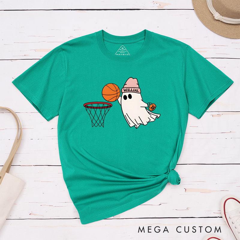 Personalized Halloween Basketball T-Shirt with Cute Ghost, Pumpkin, and Custom Name Design