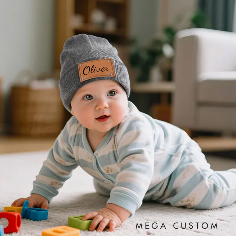 Personalized Beanie with Name Hat Engraved Leather Patch Beanie Birthday Gifts