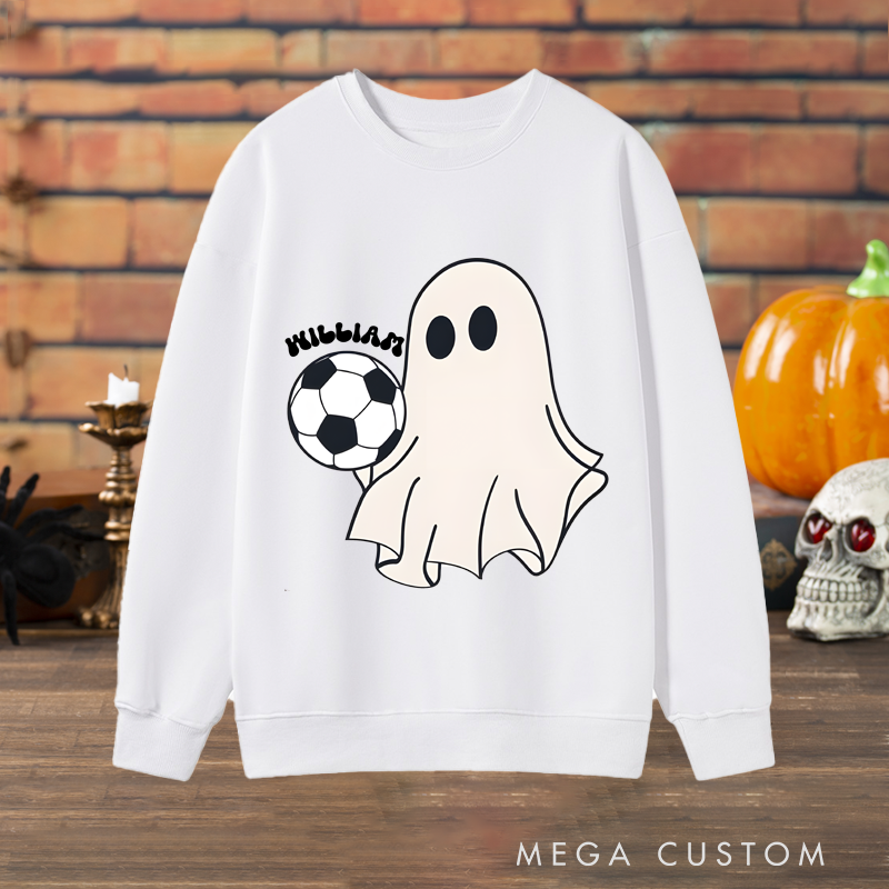 Personalized Halloween Soccer Sweatshirt with Cute Ghost, Soccer Ball, and Custom Name Design