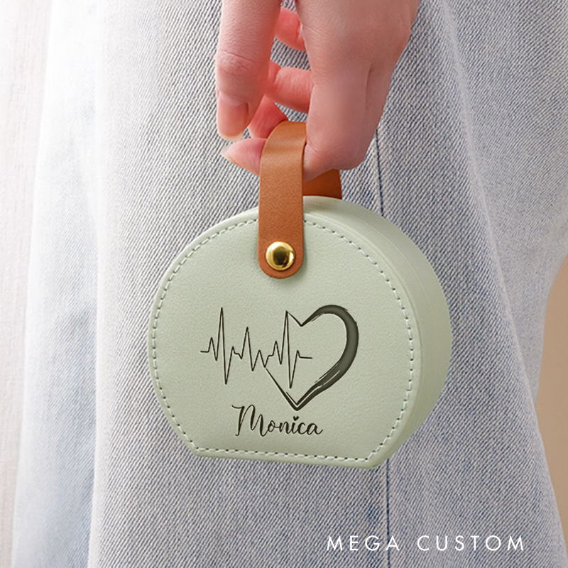 Personalized Leather Jewelry Box Engraved Heartbeat Design Nurse Jewelry Travel Case Custom Jewelry Organizer Gift