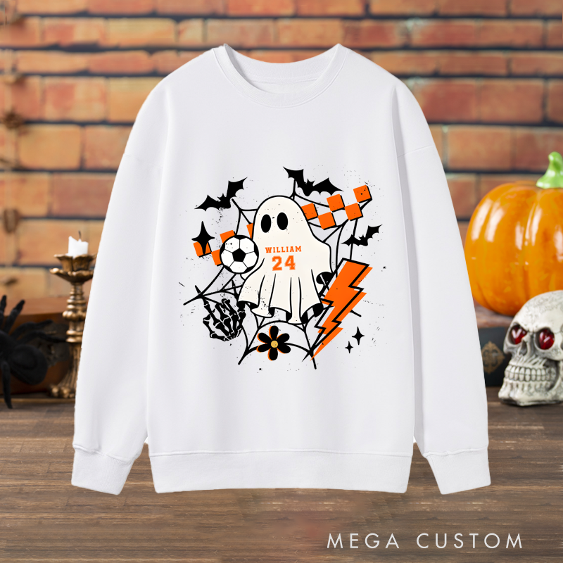Personalized Halloween Sweatshirt with Ghost, Soccer Ball, Custom Name, and Number Design