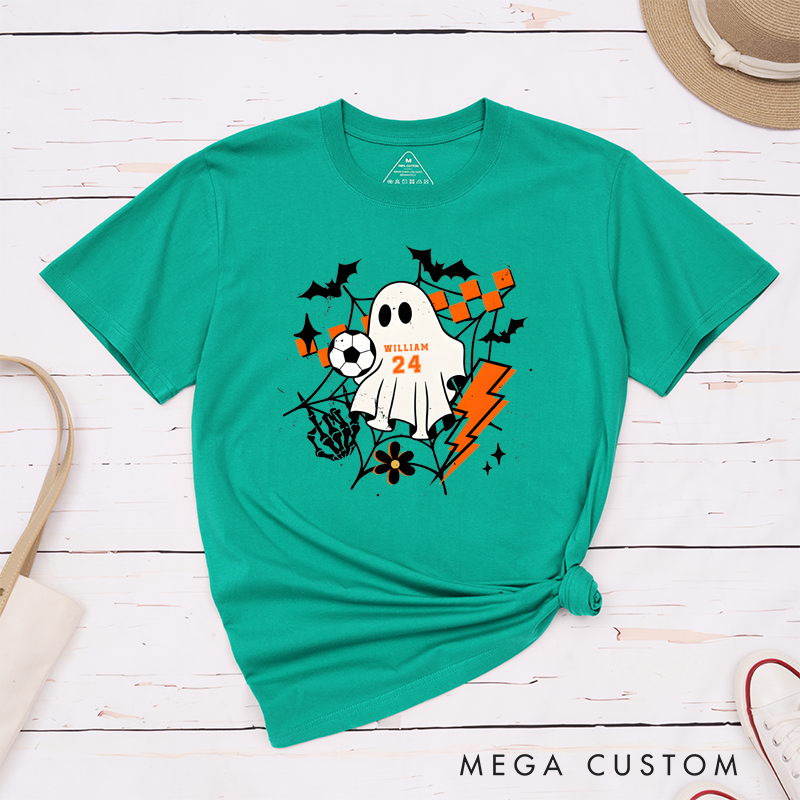 Personalized Halloween T-Shirt with Ghost, Soccer Ball, Custom Name, and Number Design