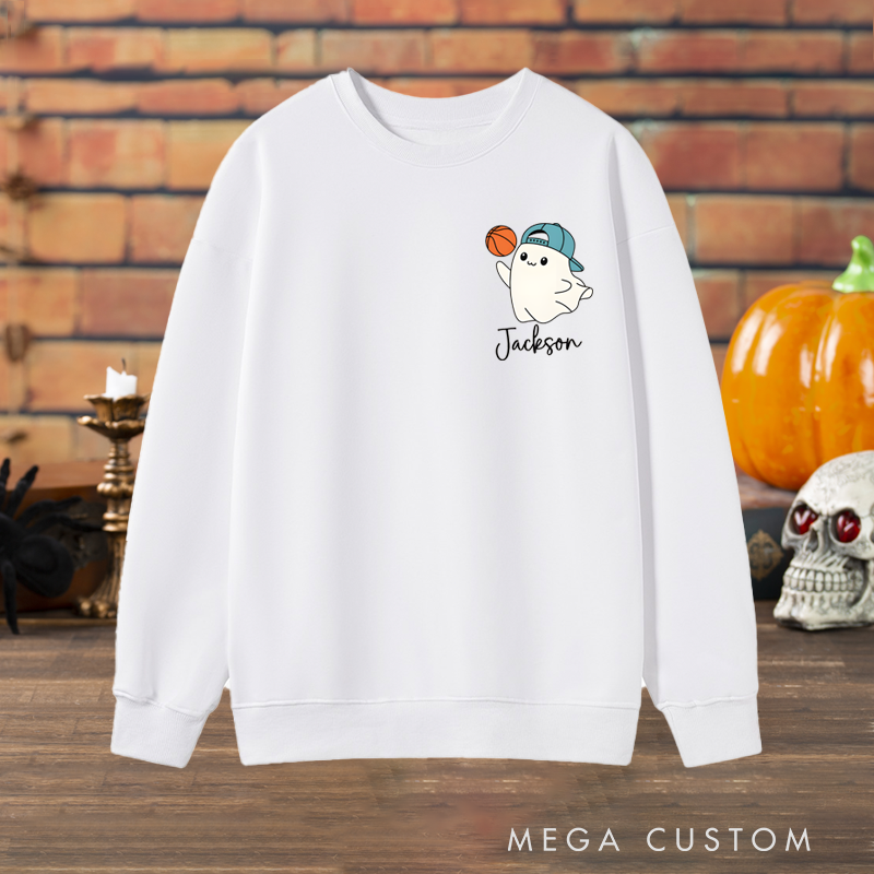 Personalized Halloween Sweatshirt with Cute Ghost, Basketball, and Custom Name Design